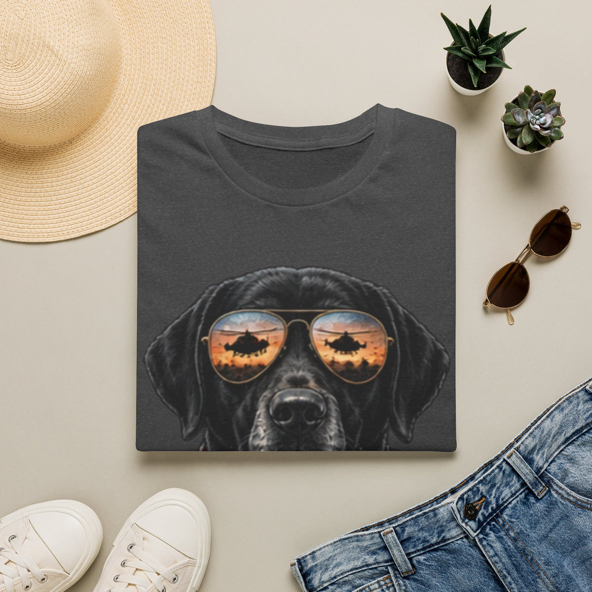 Black Labrador T-Shirt — Coffee & Sunset Sunglasses Dog Tee