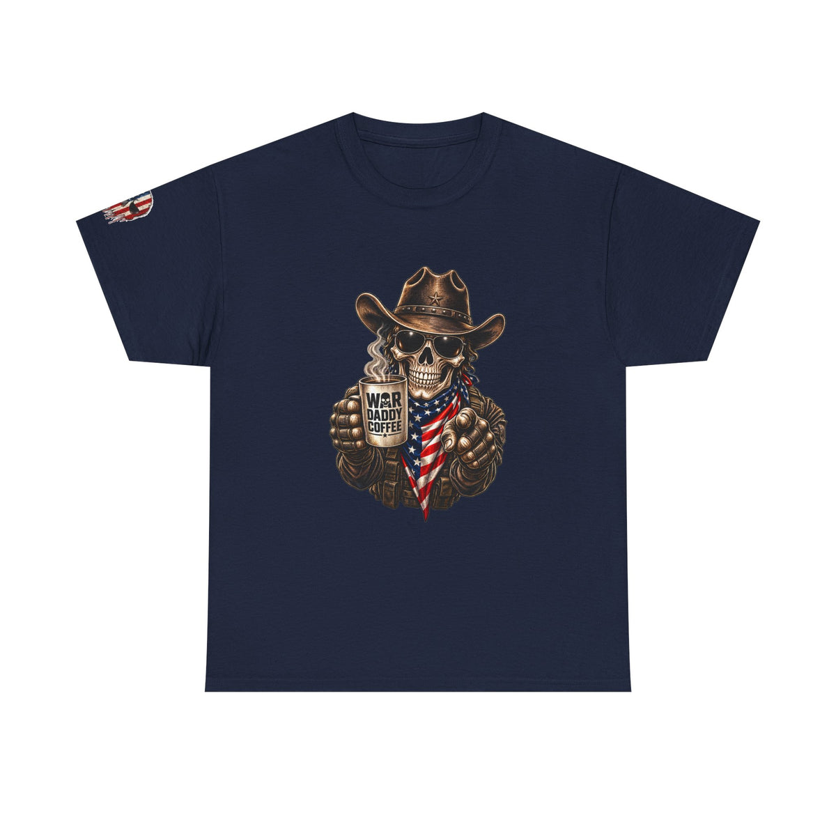 Patriotic Cowboy Skull T-Shirt — "Warrior Coffee" Graphic Tee
