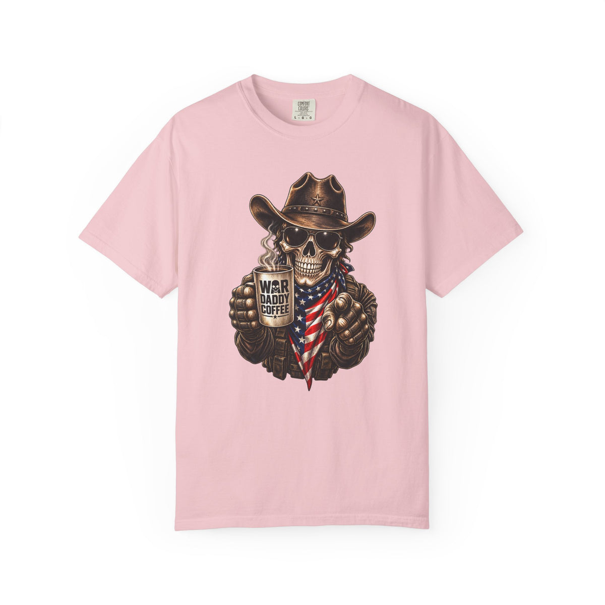 Skull Cowboy T-Shirt — "War, Baby & Coffee" American Flag Graphic