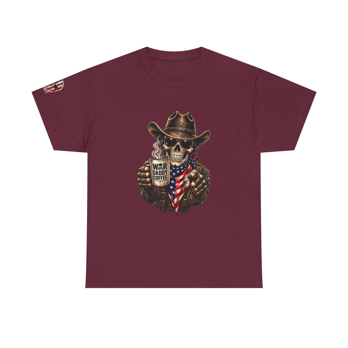 Patriotic Cowboy Skull T-Shirt — "Warrior Coffee" Graphic Tee